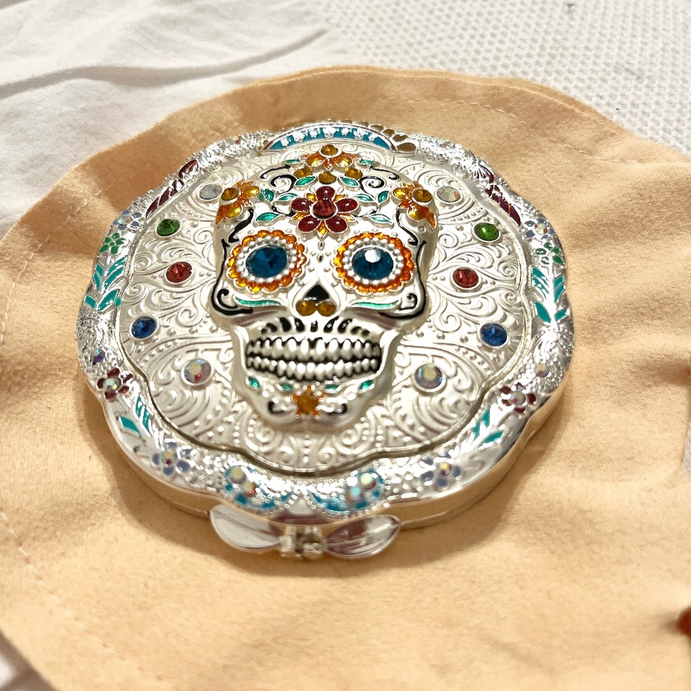 Silver crystal sugar skull compact mirror